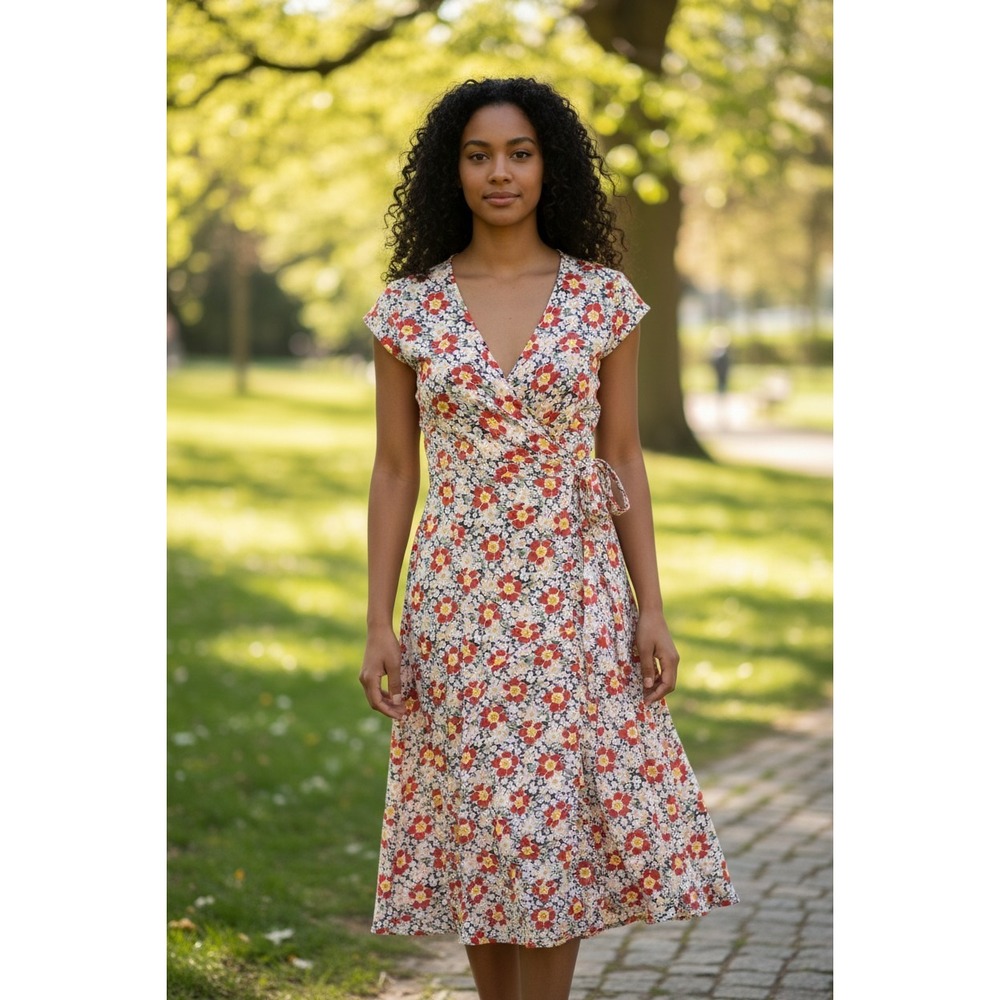 J.Crew Mercantile Floral Wrap Midi Dress Red Pink White Cap Sleeve Medium
